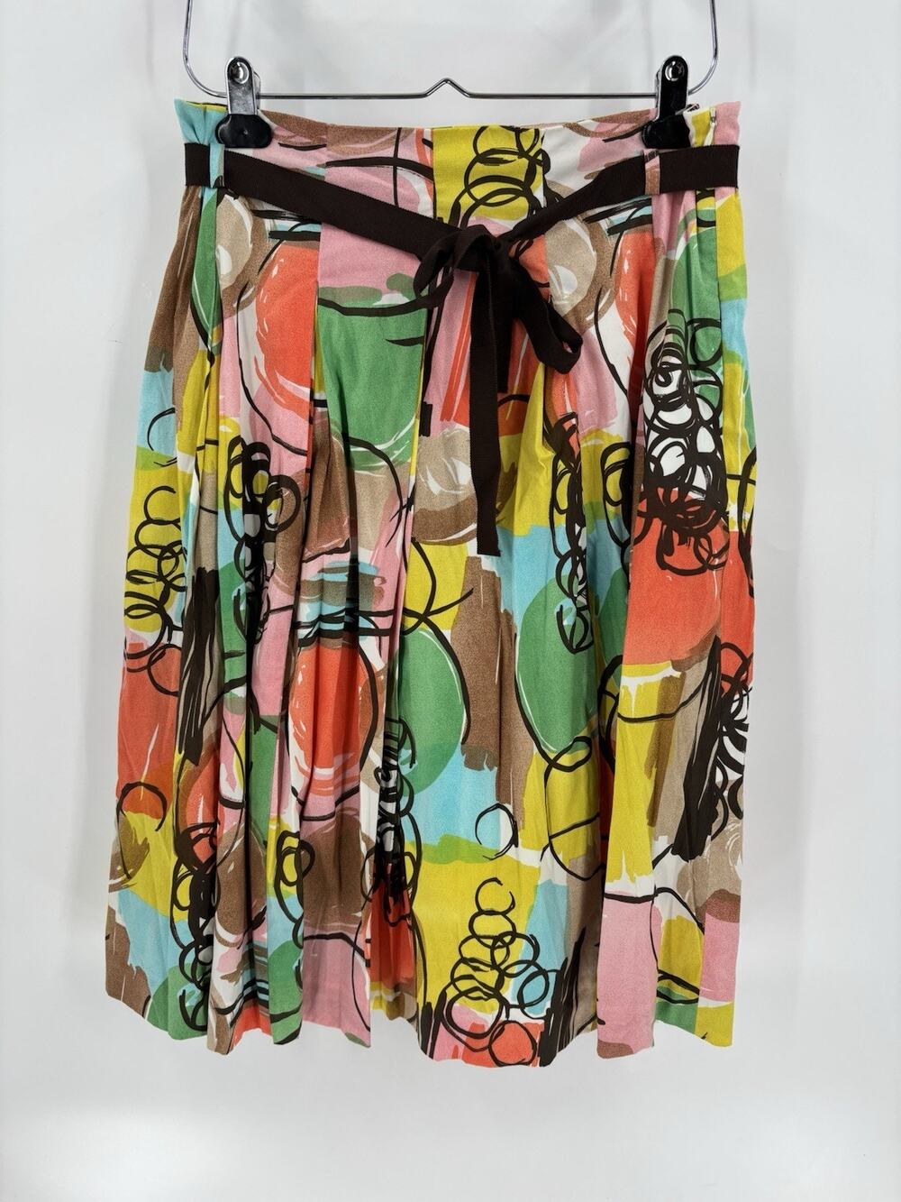 Worth Abstract Skirt Womens 8 Multicolor Midi Pleated Belted Cotton Art to Wear
